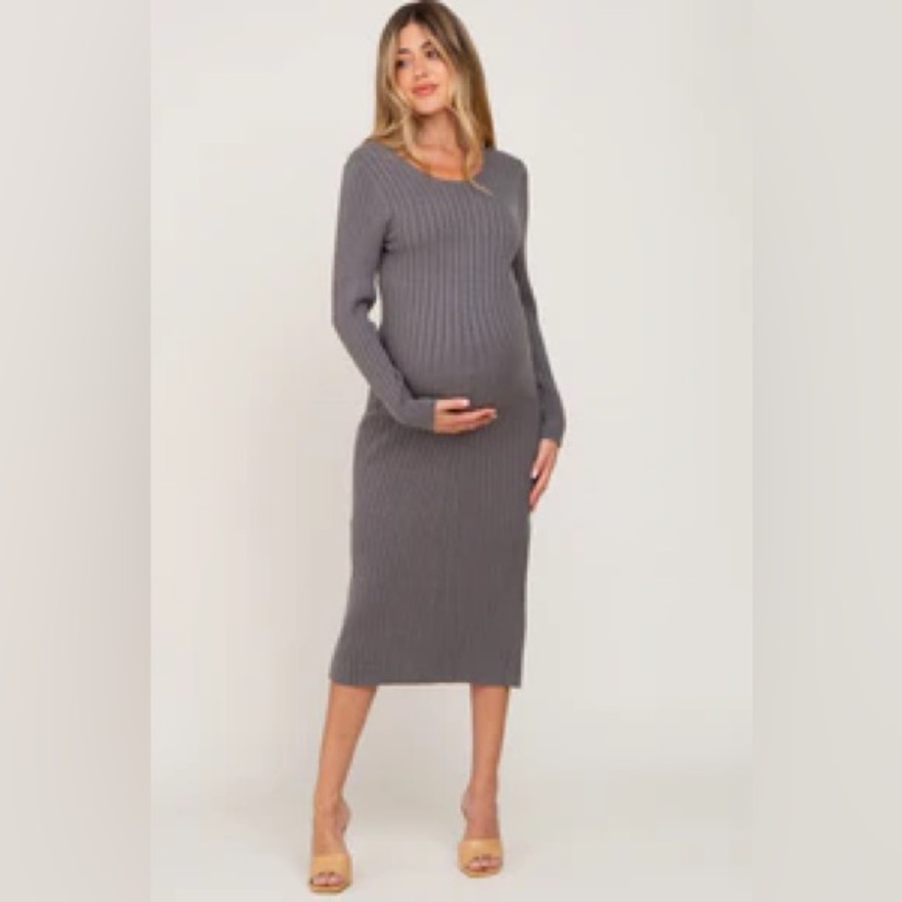 Pink Blush Grey Ribbed Side Slit Maternity Midi Sweater Dress